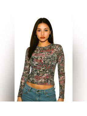 Wet Seal Vintage Y2K Mesh Sheer Tattoo Graffiti Stretch Crew Long Sleeve T Top M